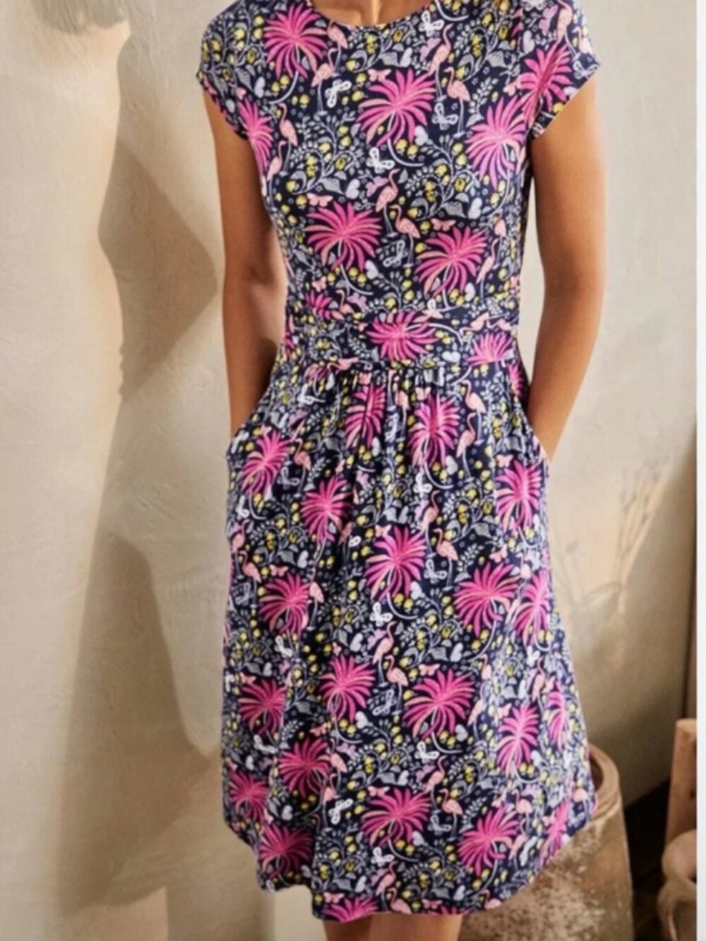 Boden Amelie Tropical Charm Jersey Dress Flamingo Butterfly Preppy Whimsy 14R
